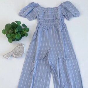 Entro Alissa Cropped Striped Jumpsuit Sky Blue White Smocked Puff Sleeve NWT